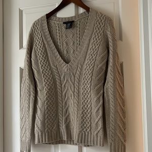 Theory Marino Wool and Cashmere Cable Knit V Neck Sweater Camel S/P